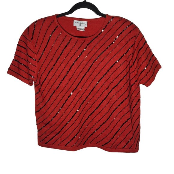 Kathy Ireland Silk Wool Blend Sequin Beaded Short Sleeve Red Sweater Size Large - Picture 1 of 8